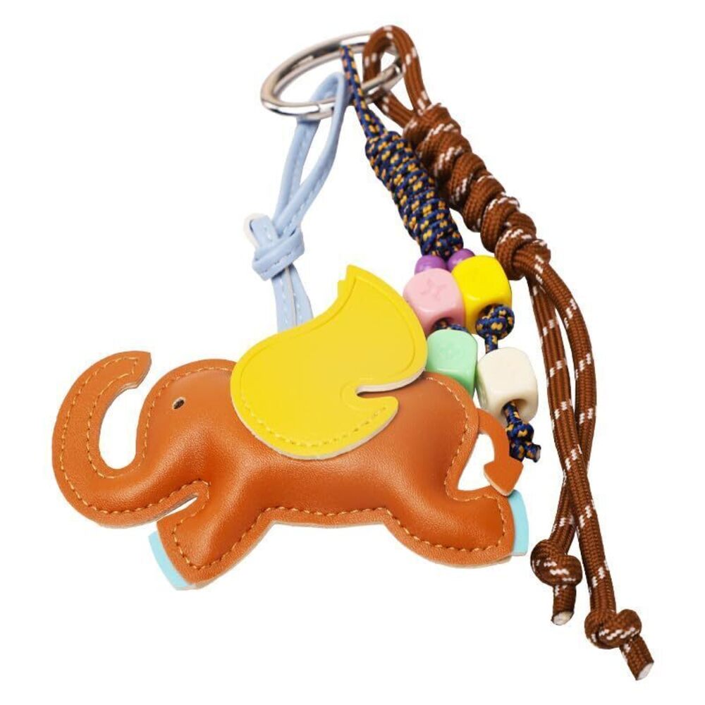 7032 Cute Elephant Bag Charm Keychain with Colorful Beads, Red Rope, 4.7